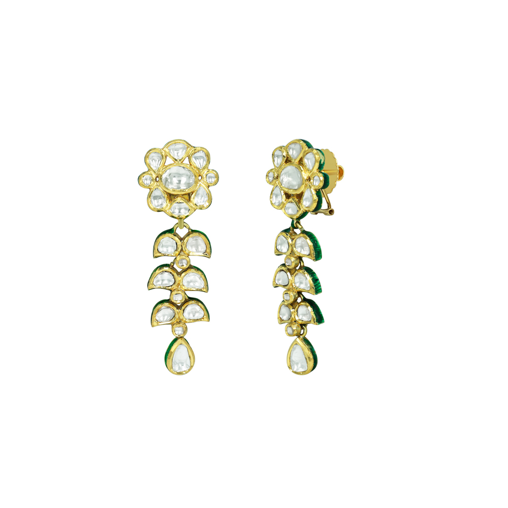Floral Polki Drop Earrings with Petal Design and Teardrop